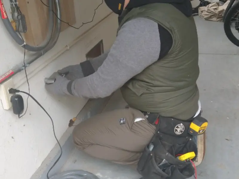 Electrician performing outlet wiring in a Carrizo Springs garage